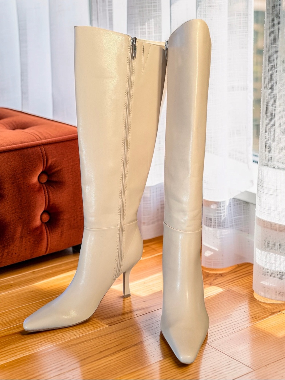 Marc Fisher NWT Sz 5 Vedant Cream Knee-High Pointed Toe Faux Leather Boots SH454
